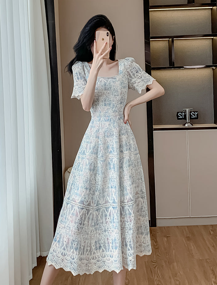 Blue Square Collar Lace Embroidery Dress