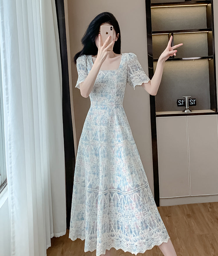 Blue Square Collar Lace Embroidery Dress