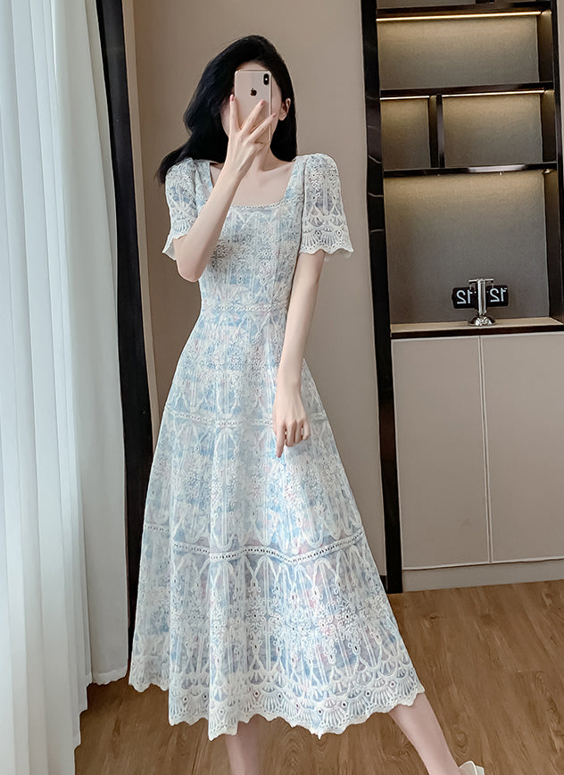 Blue Square Collar Lace Embroidery Dress