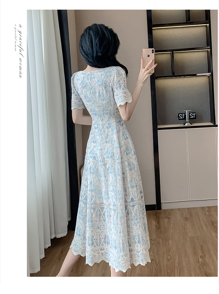 Blue Square Collar Lace Embroidery Dress