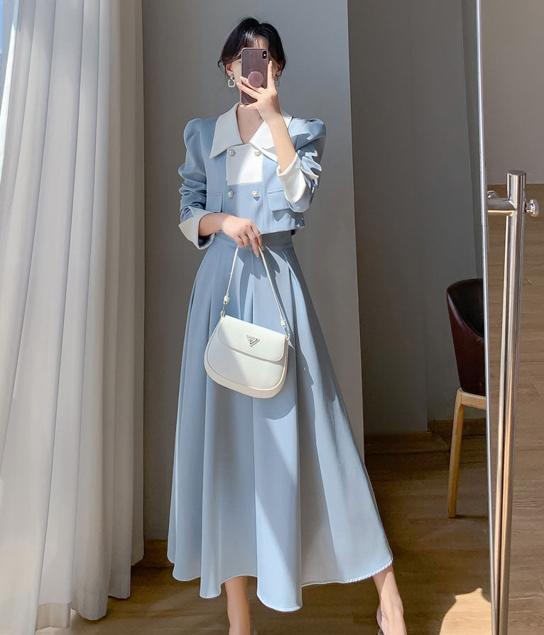 First Love Blue Top + Pleated Skirt Two Pieces Suit Set