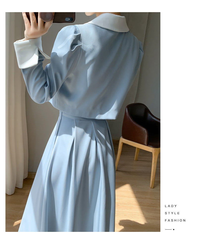 First Love Blue Top + Pleated Skirt Two Pieces Suit Set