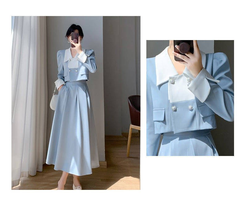 First Love Blue Top + Pleated Skirt Two Pieces Suit Set