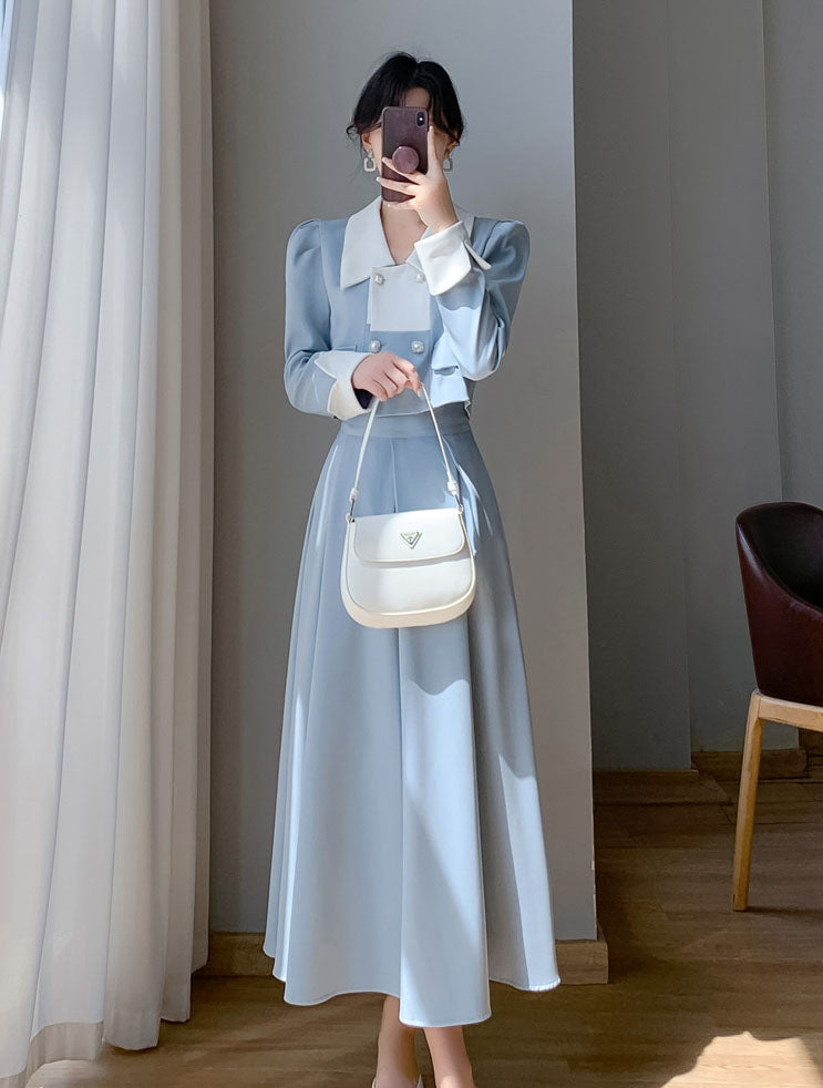 First Love Blue Top + Pleated Skirt Two Pieces Suit Set