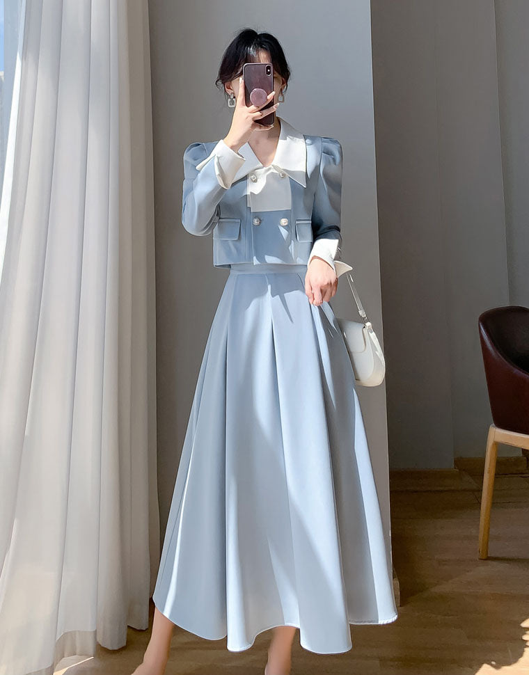 First Love Blue Top + Pleated Skirt Two Pieces Suit Set