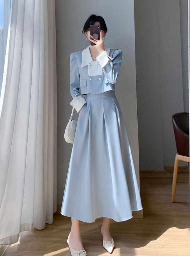 First Love Blue Top + Pleated Skirt Two Pieces Suit Set