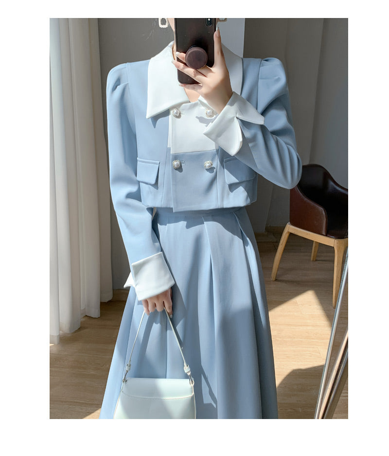 First Love Blue Top + Pleated Skirt Two Pieces Suit Set