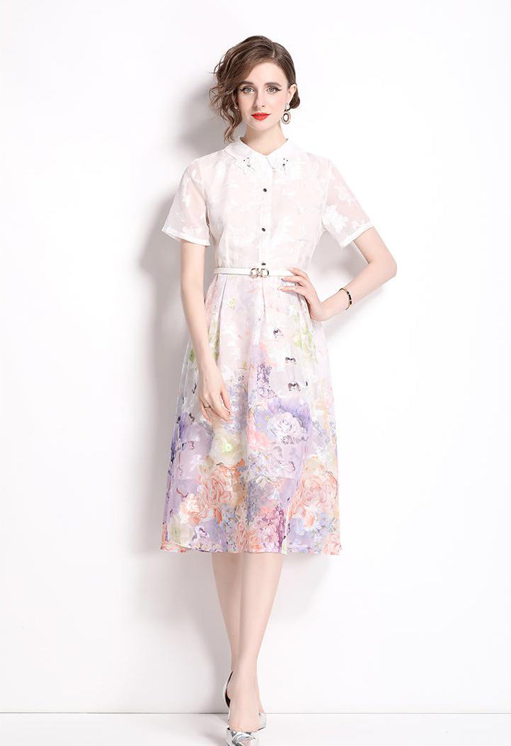 Purple Floral Short-sleeve A-line Dress