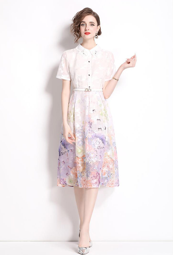 Purple Floral Short-sleeve A-line Dress