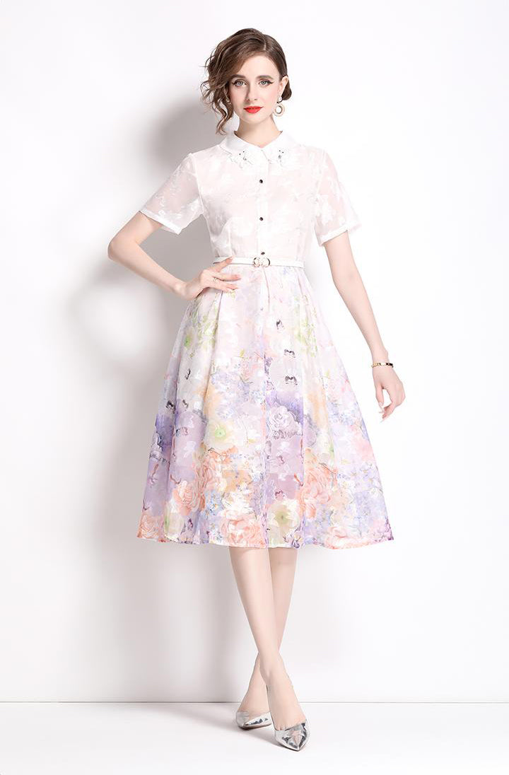 Purple Floral Short-sleeve A-line Dress