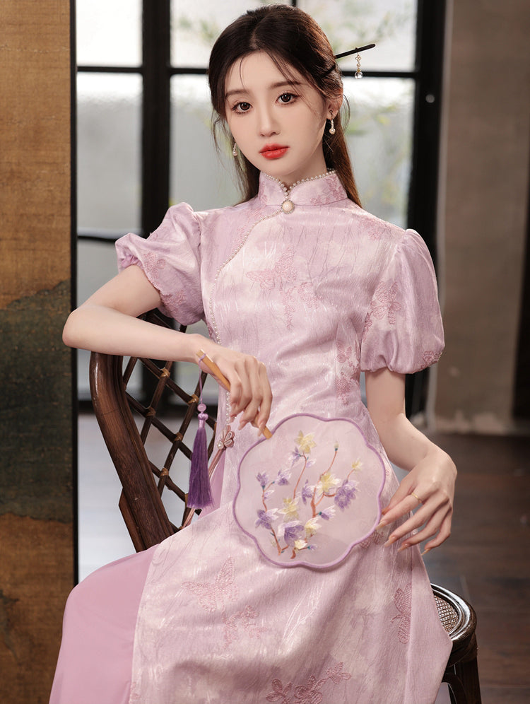 Purple Puff Sleeve A-line Cheongsam