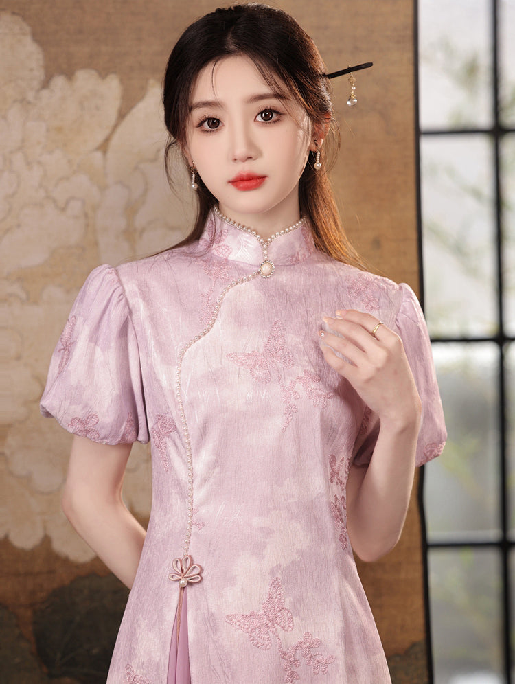 Purple Puff Sleeve A-line Cheongsam