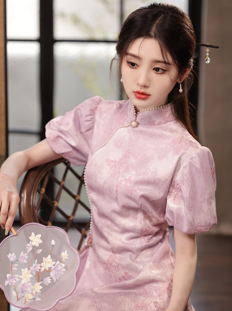 Purple Puff Sleeve A-line Cheongsam