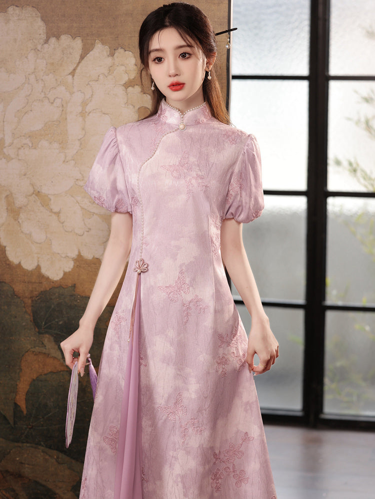 Purple Puff Sleeve A-line Cheongsam