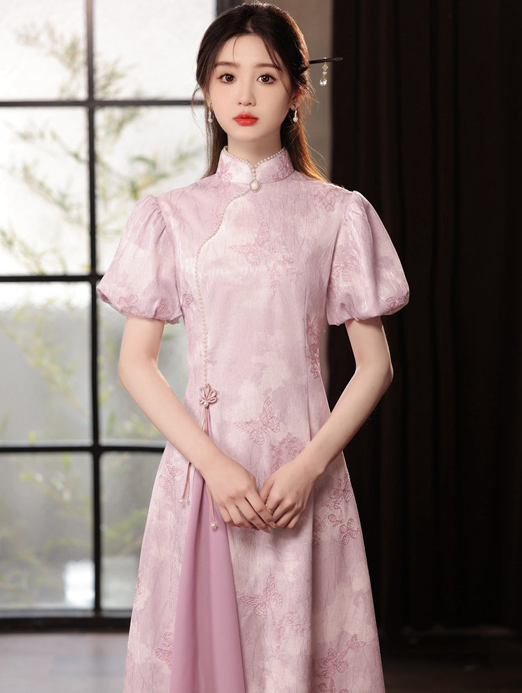 Purple Puff Sleeve A-line Cheongsam