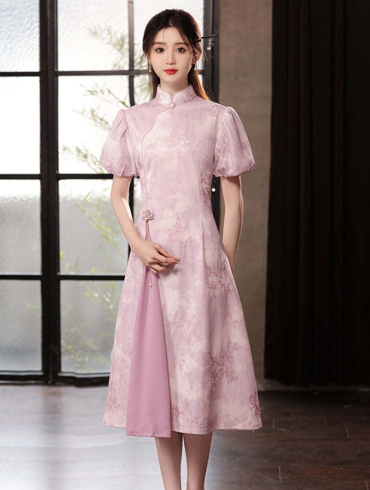 Purple Puff Sleeve A-line Cheongsam