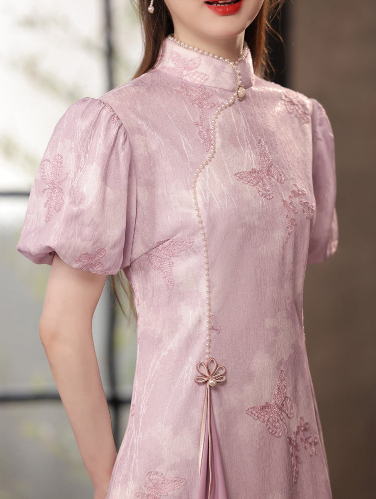 Purple Puff Sleeve A-line Cheongsam