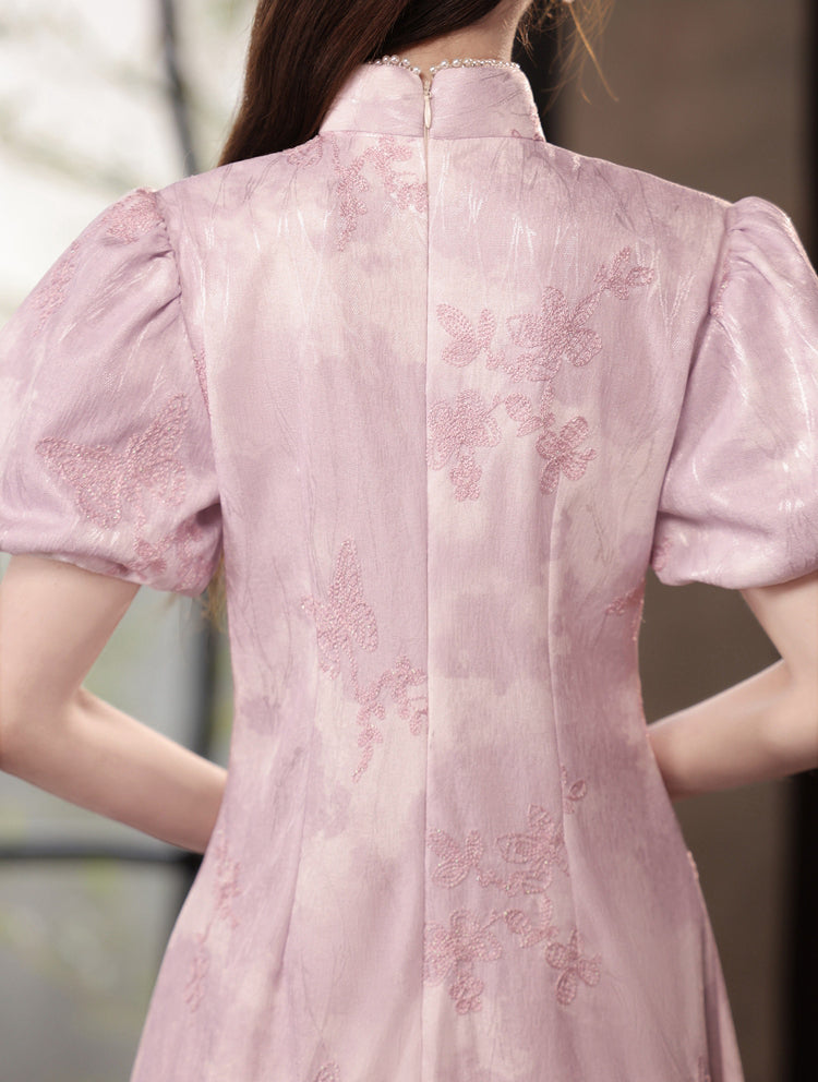 Purple Puff Sleeve A-line Cheongsam