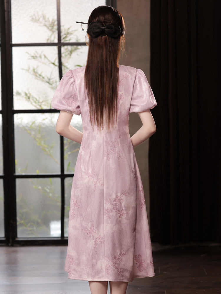 Purple Puff Sleeve A-line Cheongsam