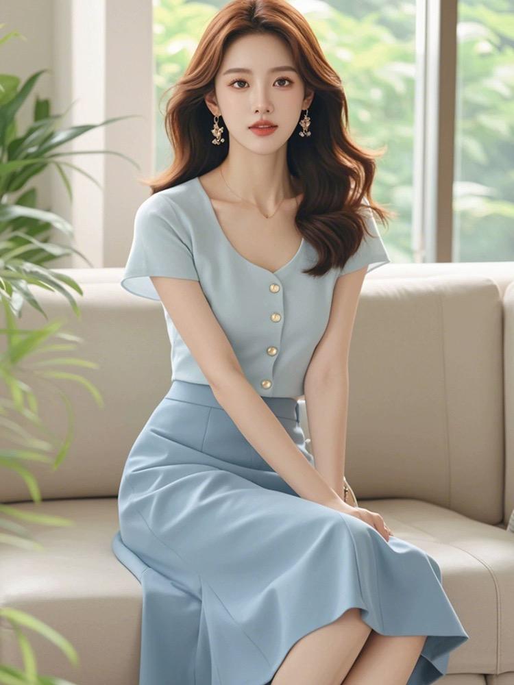 Light Blue Top + Skirt Two Pieces Set