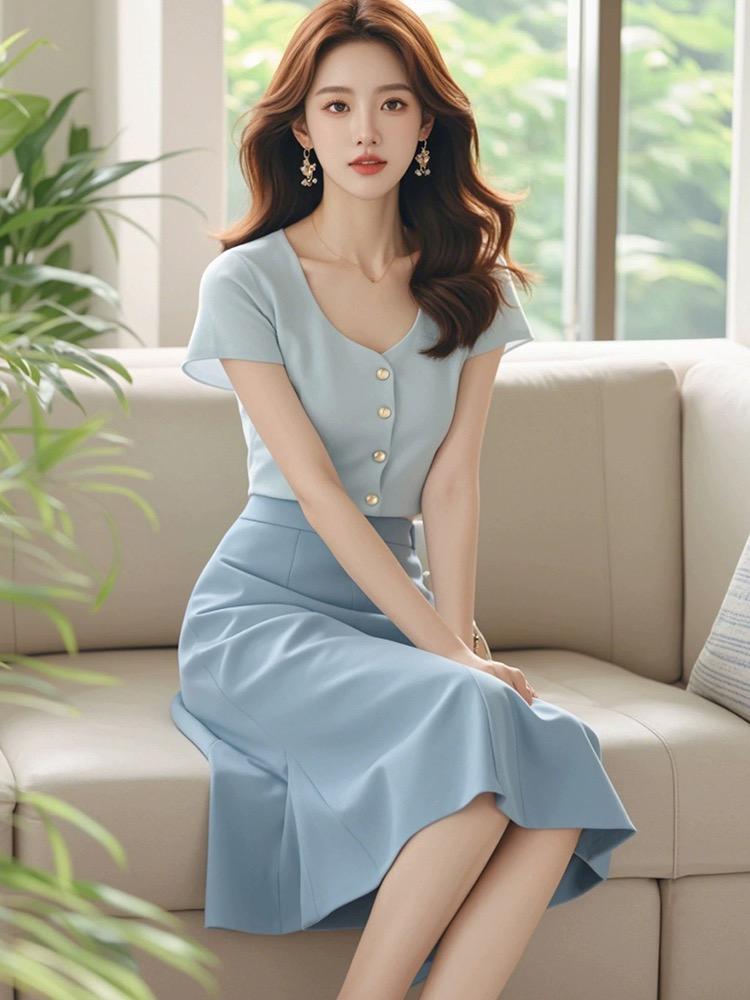 Light Blue Top + Skirt Two Pieces Set