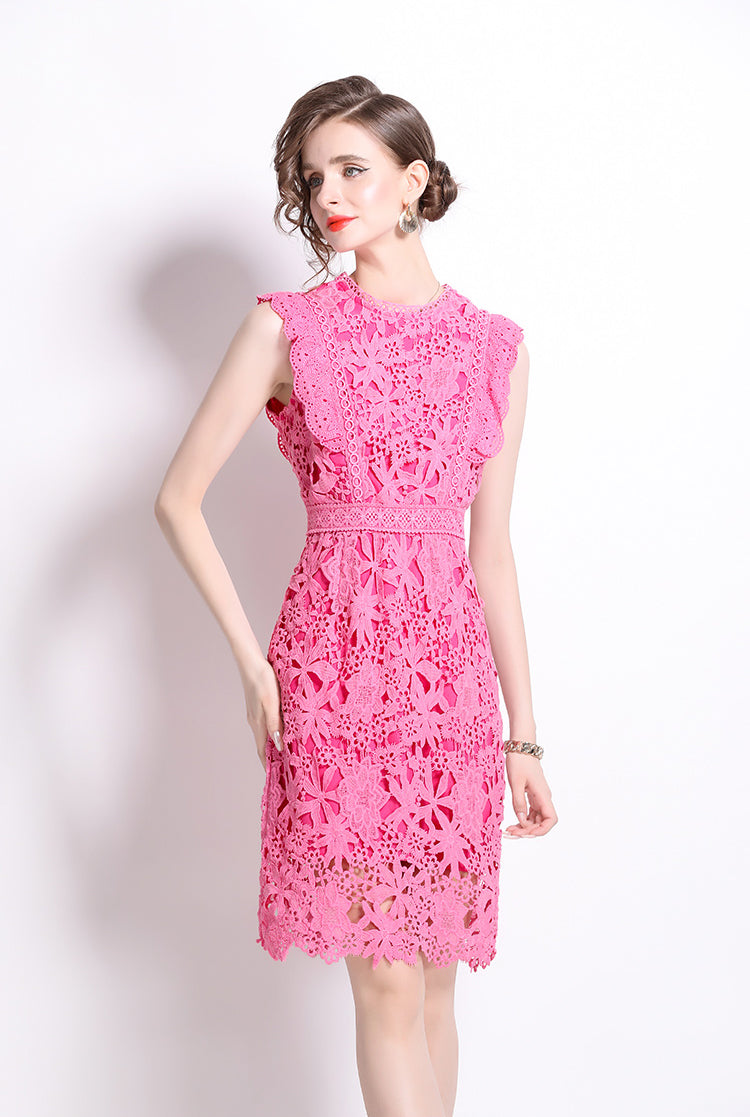 Rose Red Sleeveless Lace Dress