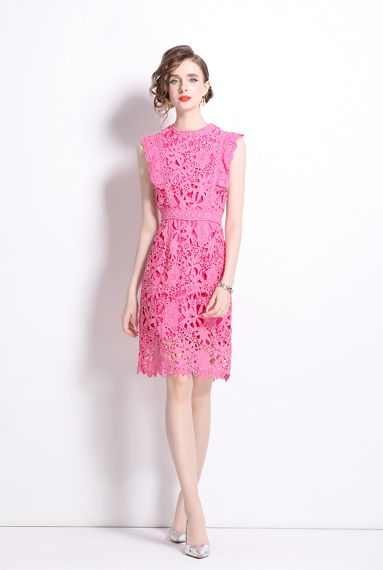 Rose Red Sleeveless Lace Dress