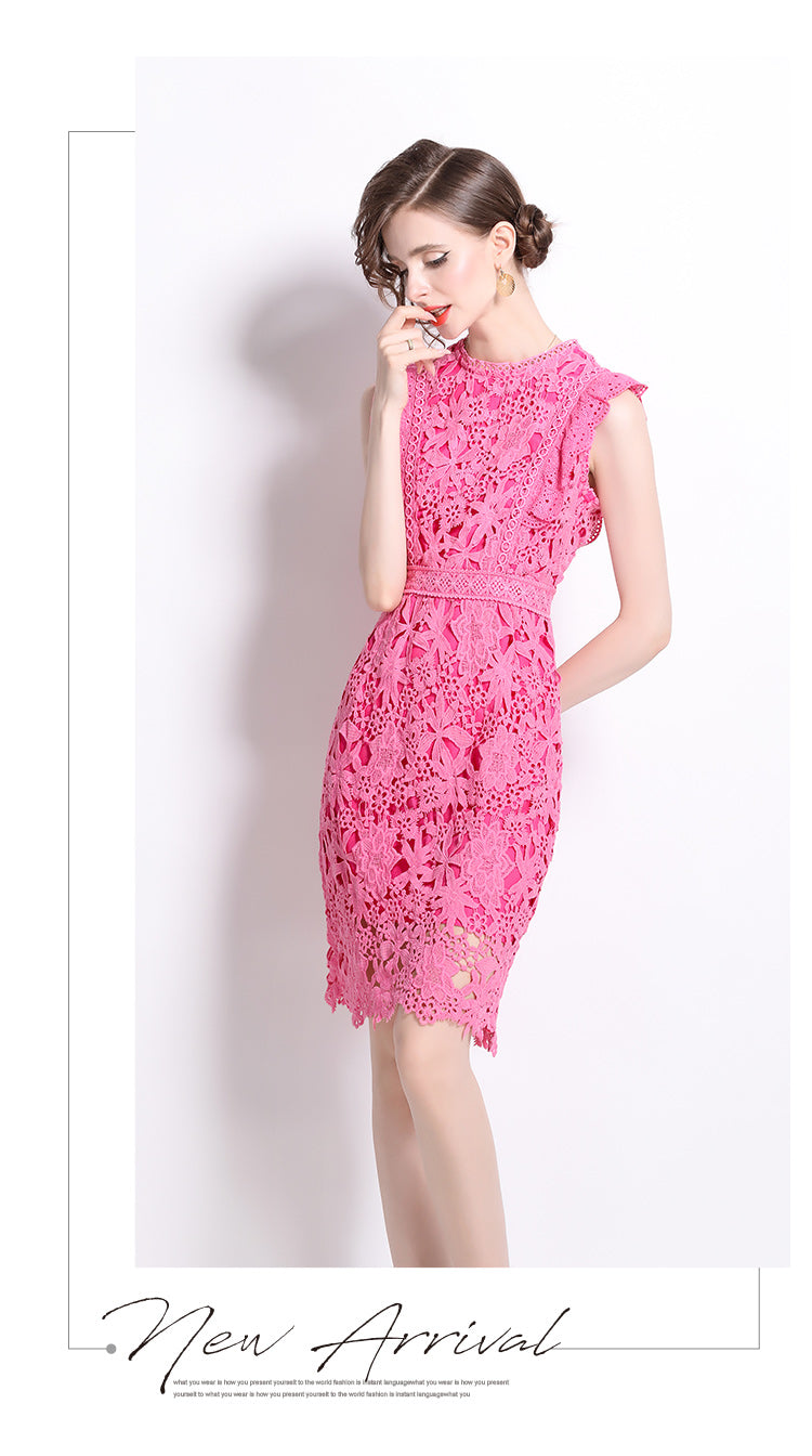 Rose Red Sleeveless Lace Dress