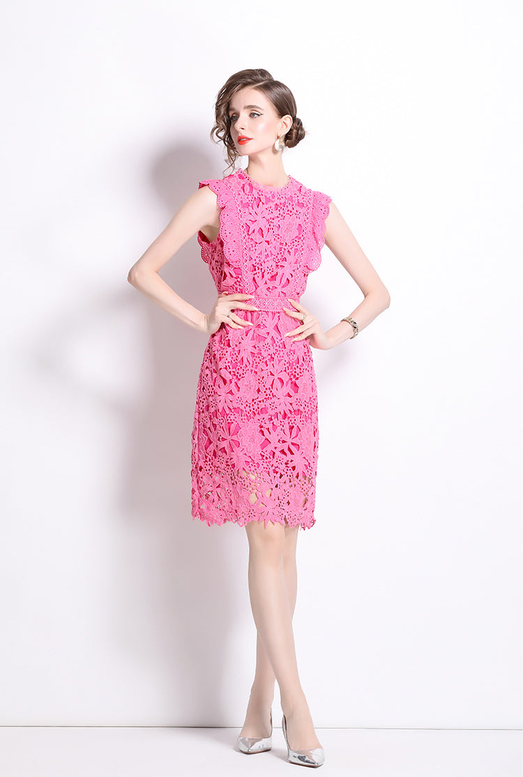 Rose Red Sleeveless Lace Dress