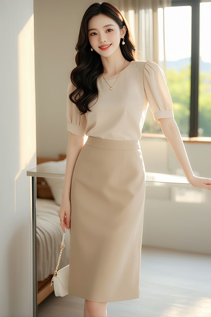 Puff Sleeve Top + Skirt Two Pieces Suit Set