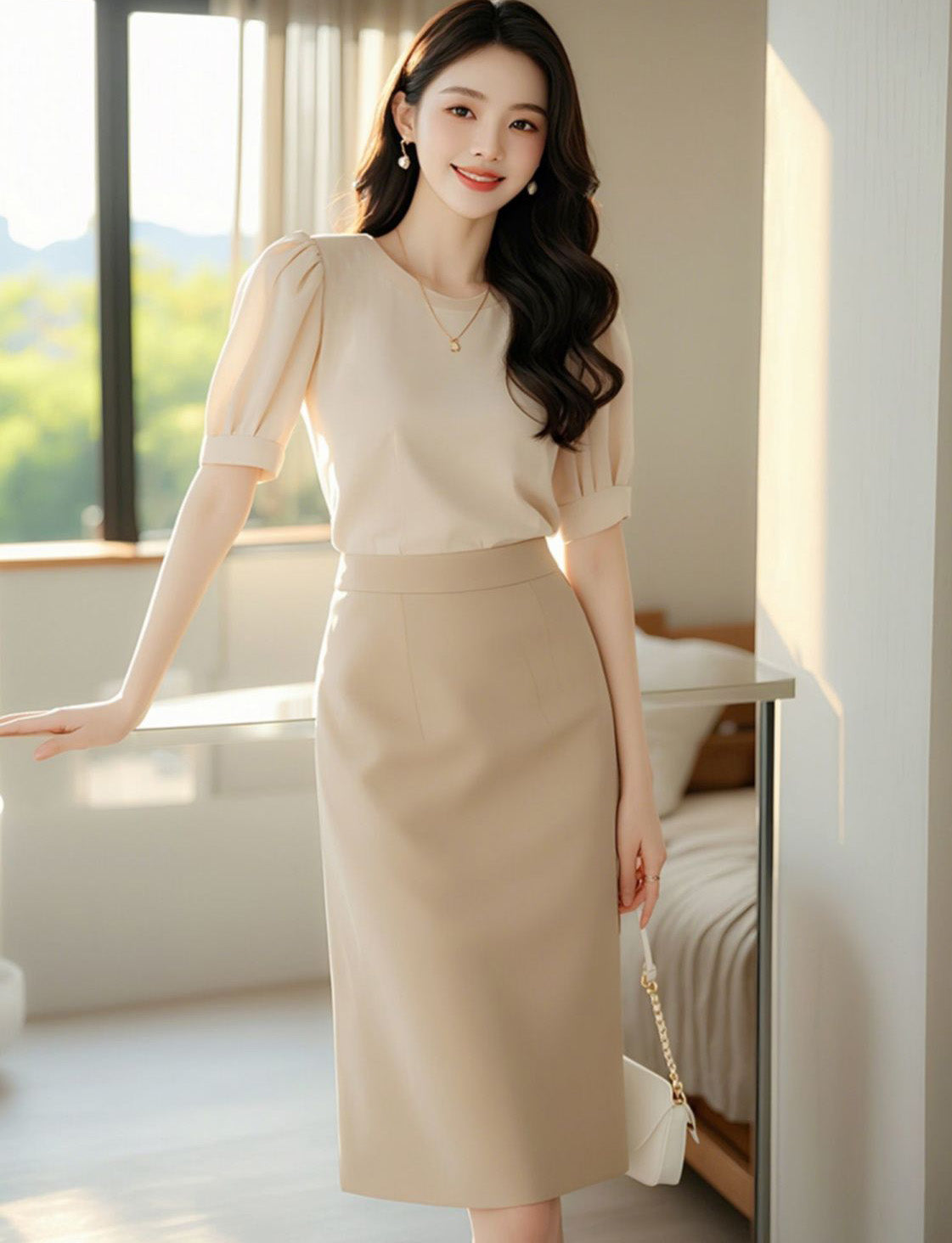 Puff Sleeve Top + Skirt Two Pieces Suit Set