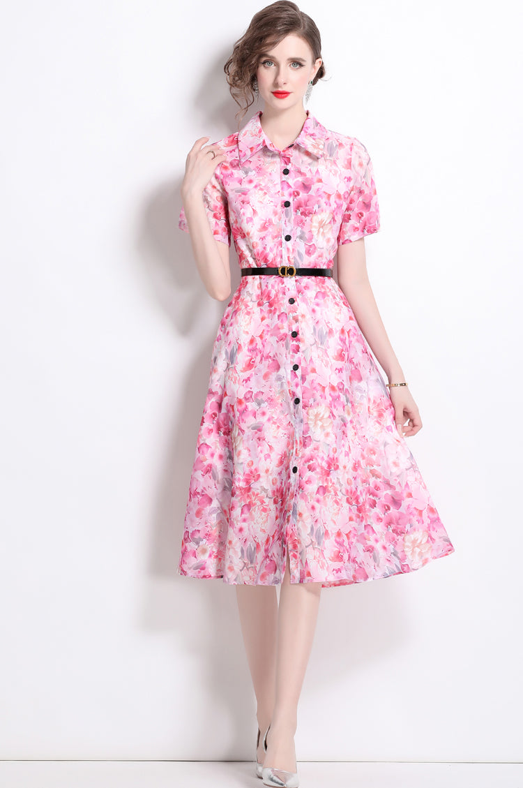 Pink Floral Polo Collar Dress