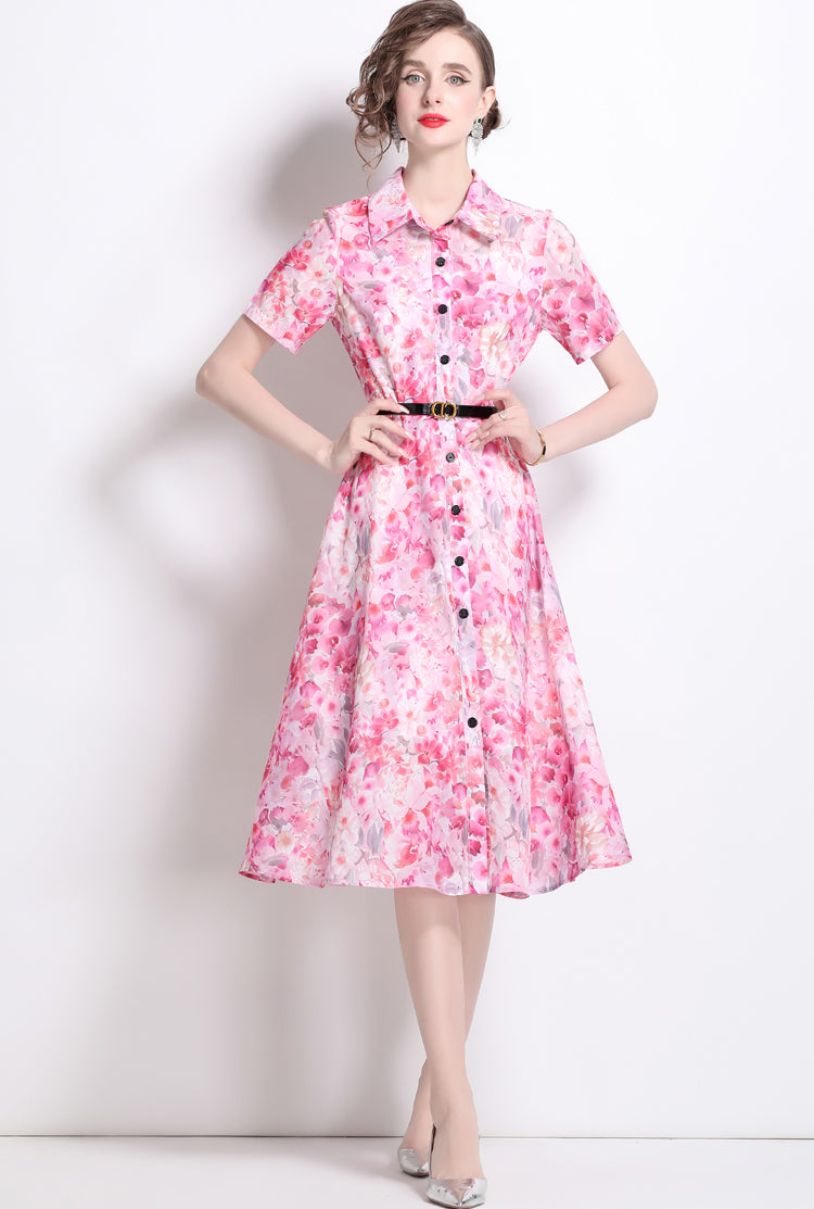 Pink Floral Polo Collar Dress