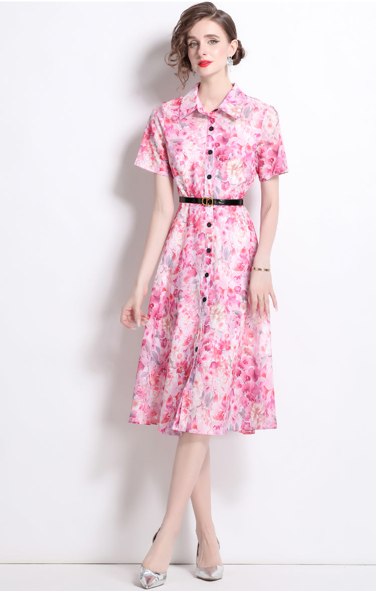 Pink Floral Polo Collar Dress