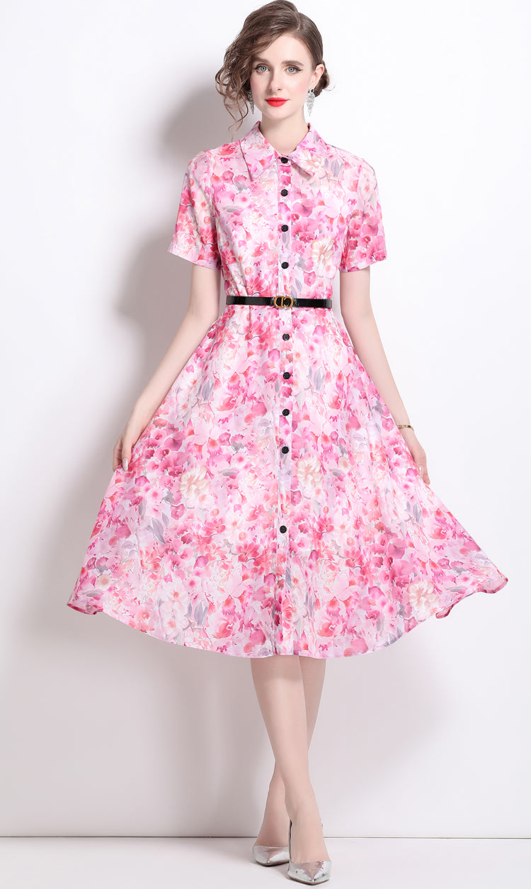 Pink Floral Polo Collar Dress