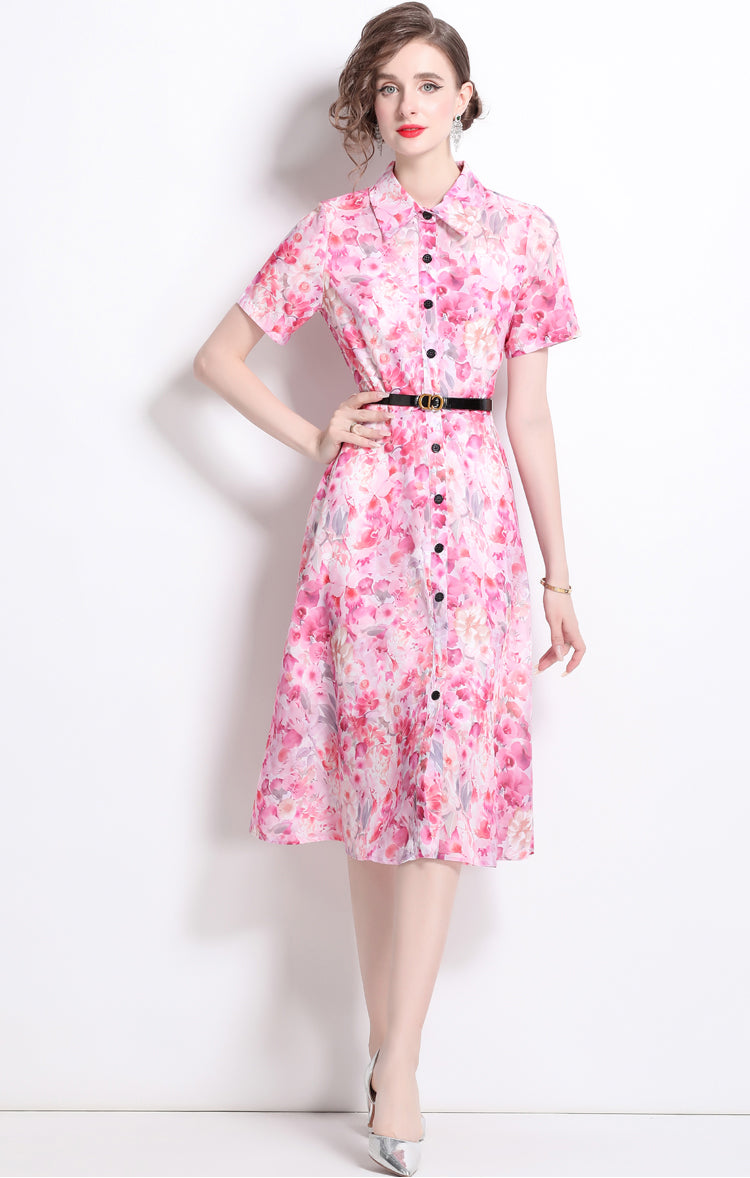 Pink Floral Polo Collar Dress