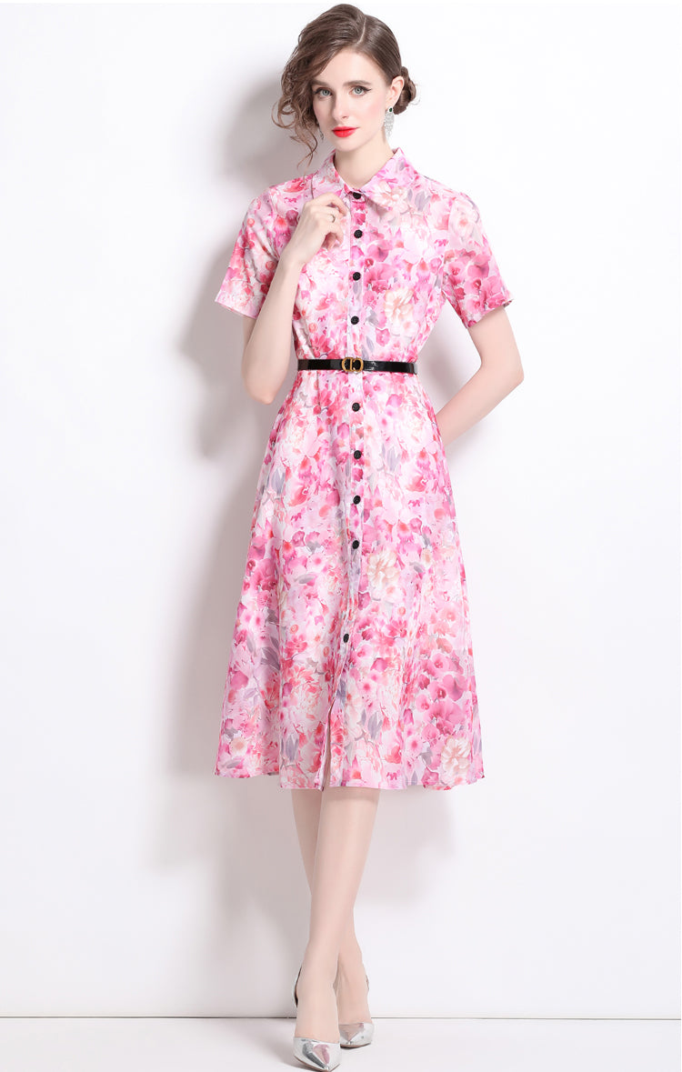 Pink Floral Polo Collar Dress