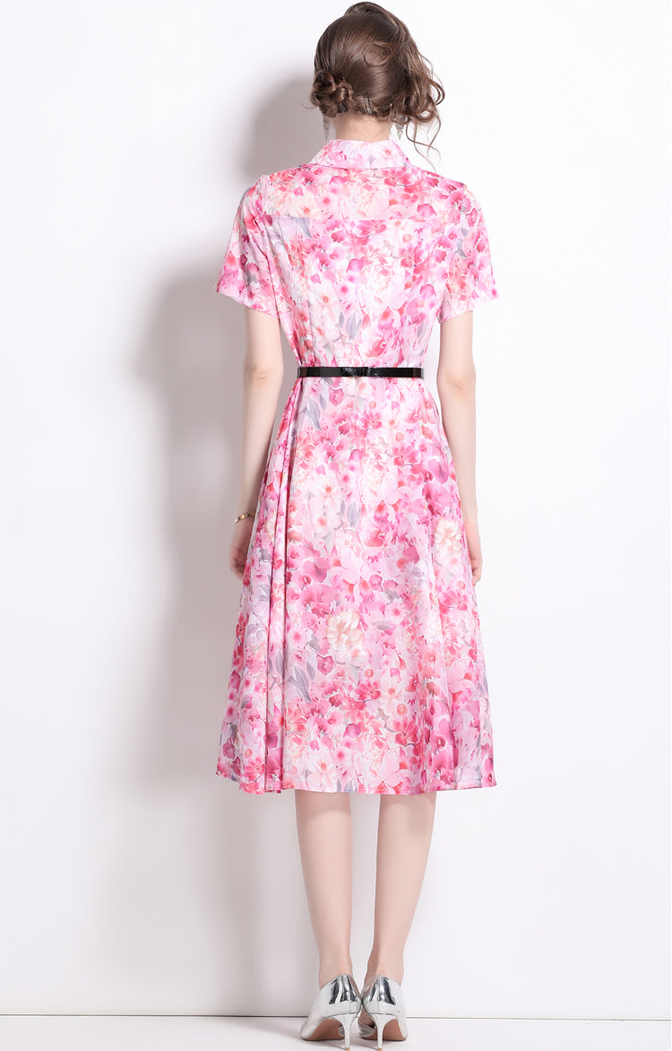 Pink Floral Polo Collar Dress