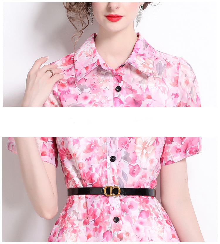 Pink Floral Polo Collar Dress