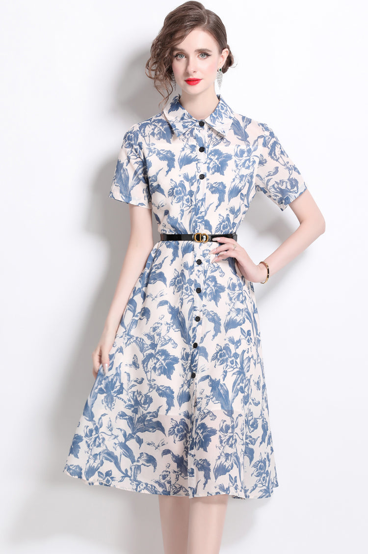 Blue Floral Polo Collar Dress