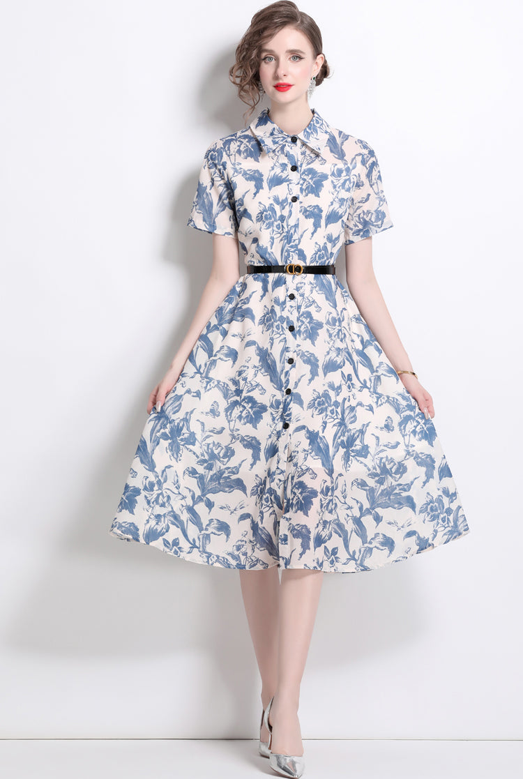 Blue Floral Polo Collar Dress