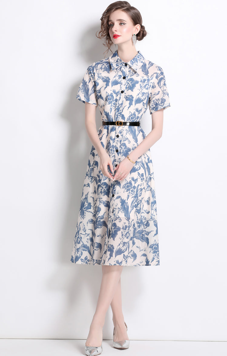 Blue Floral Polo Collar Dress