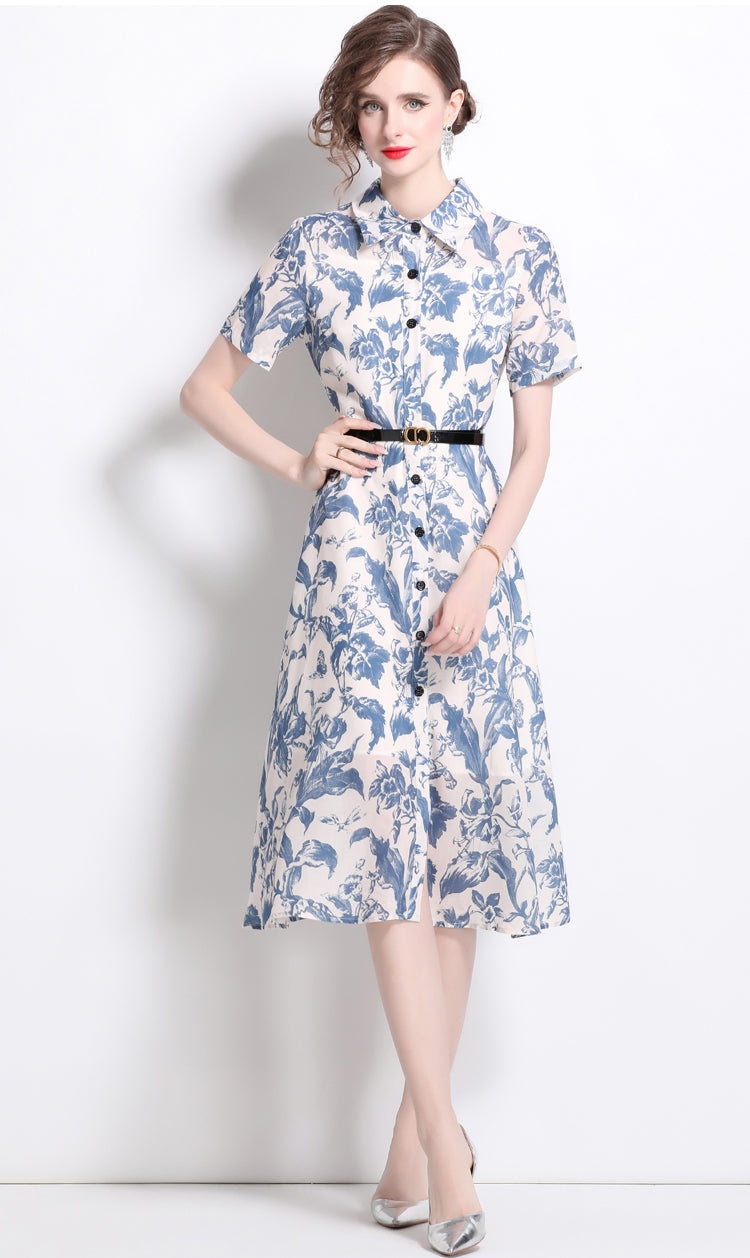 Blue Floral Polo Collar Dress