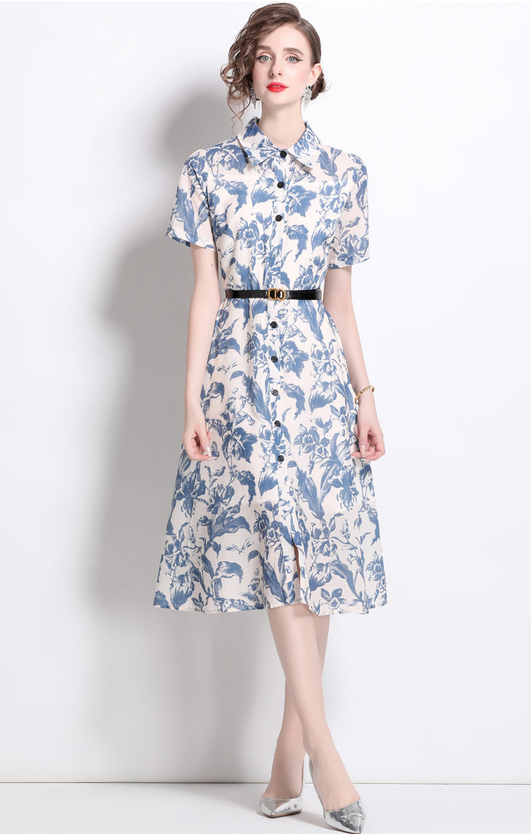 Blue Floral Polo Collar Dress