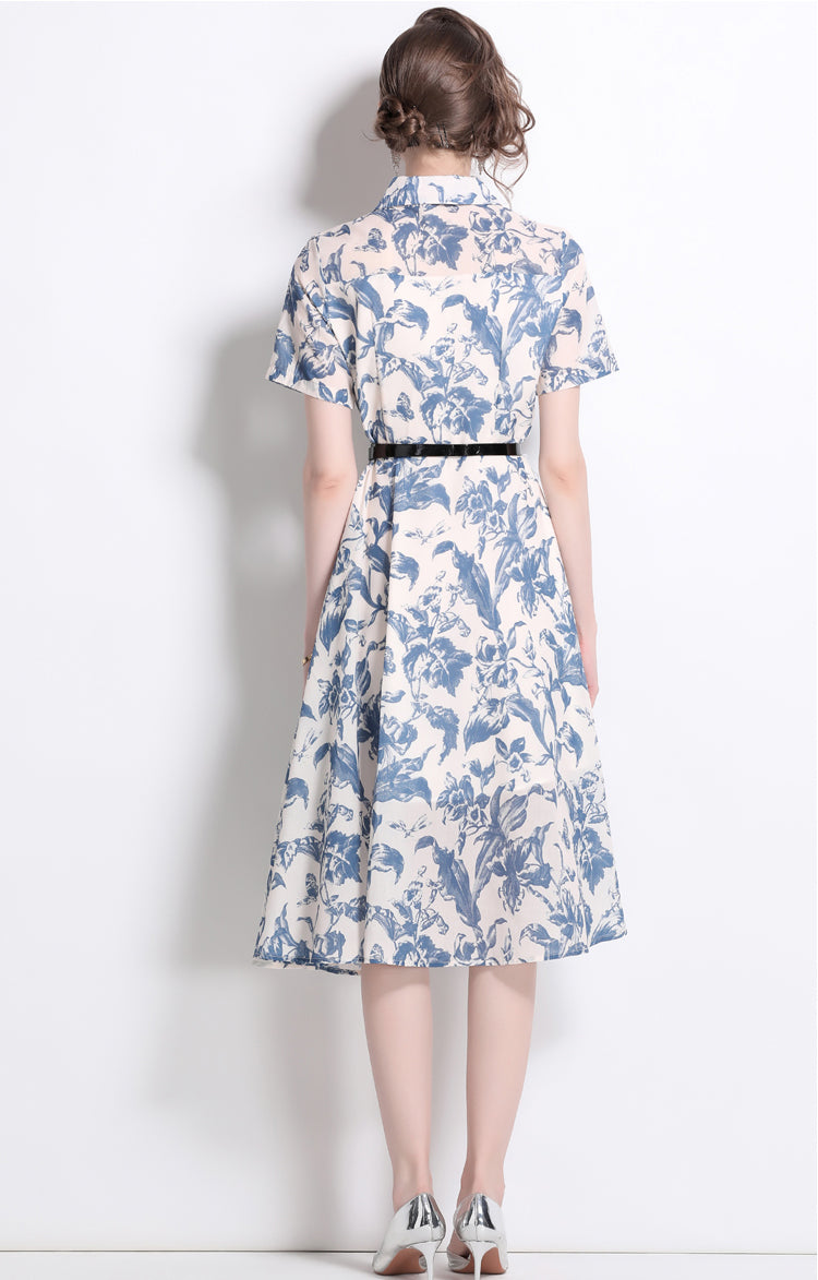 Blue Floral Polo Collar Dress