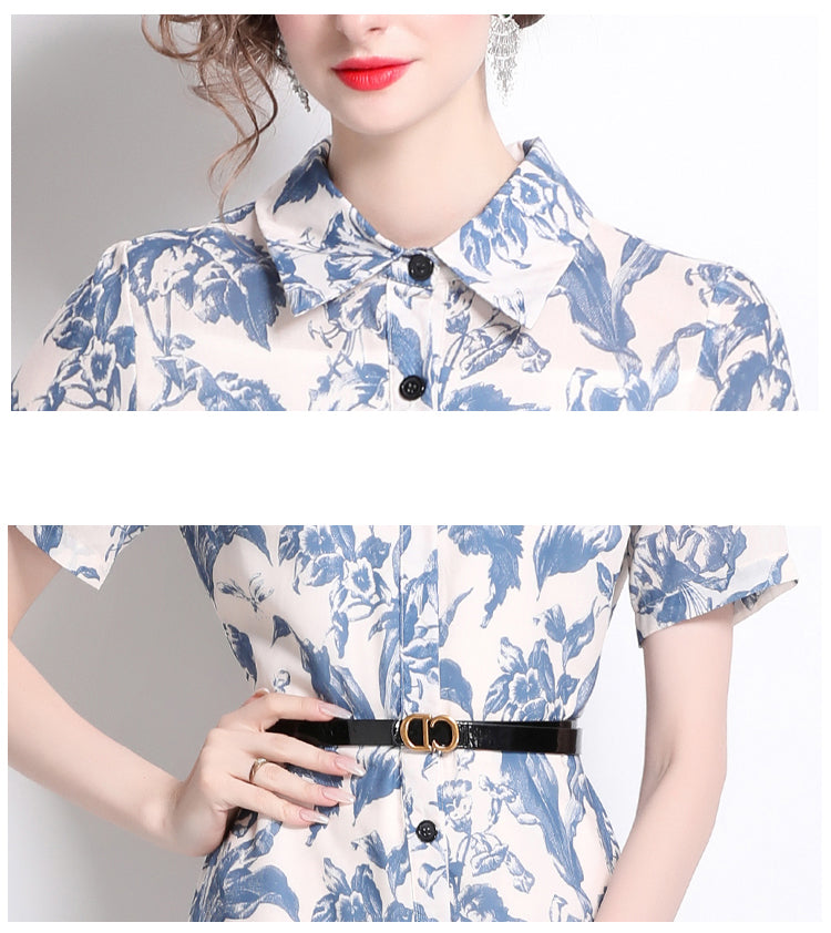 Blue Floral Polo Collar Dress