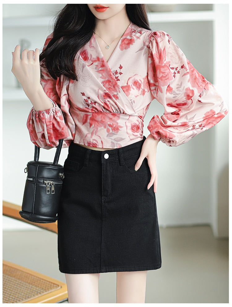 Pink Floral Long-sleeved V-neck Wrapped Shirt