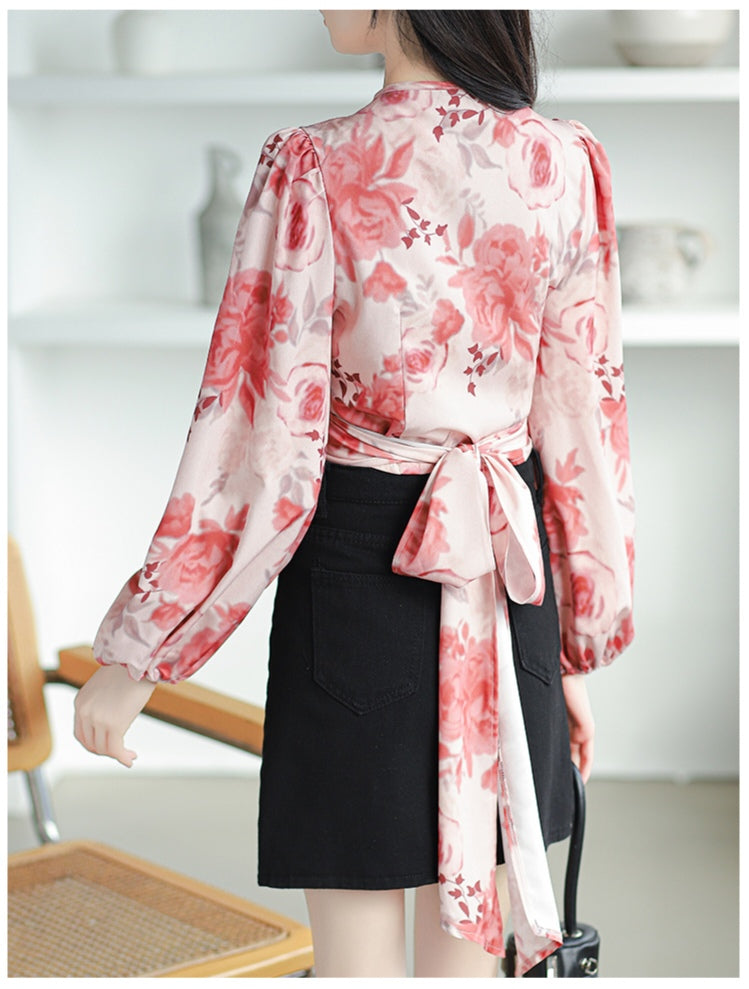 Pink Floral Long-sleeved V-neck Wrapped Shirt