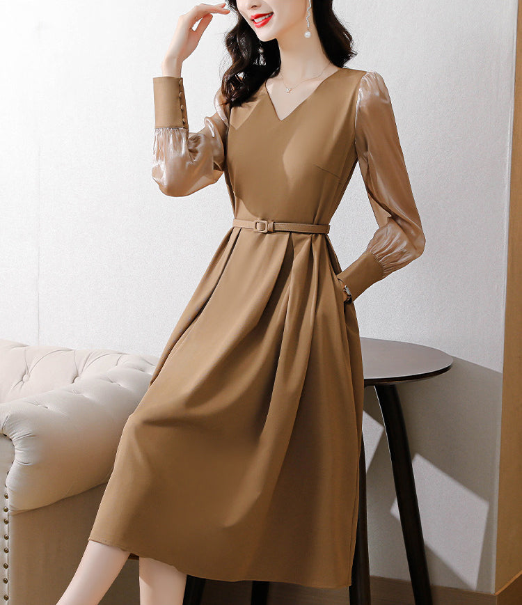 Khaki Retro Spliced A-line Long-sleeve Dress