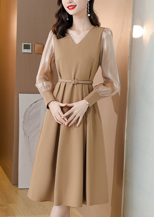 Khaki Retro Spliced A-line Long-sleeve Dress